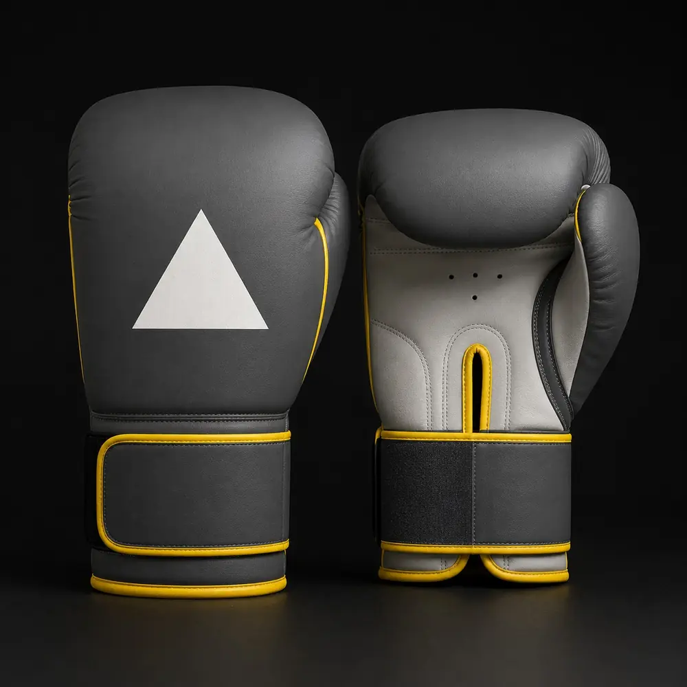Paire de gants de boxe personnalisés, dos de la main et paume, coloris gris et jaune