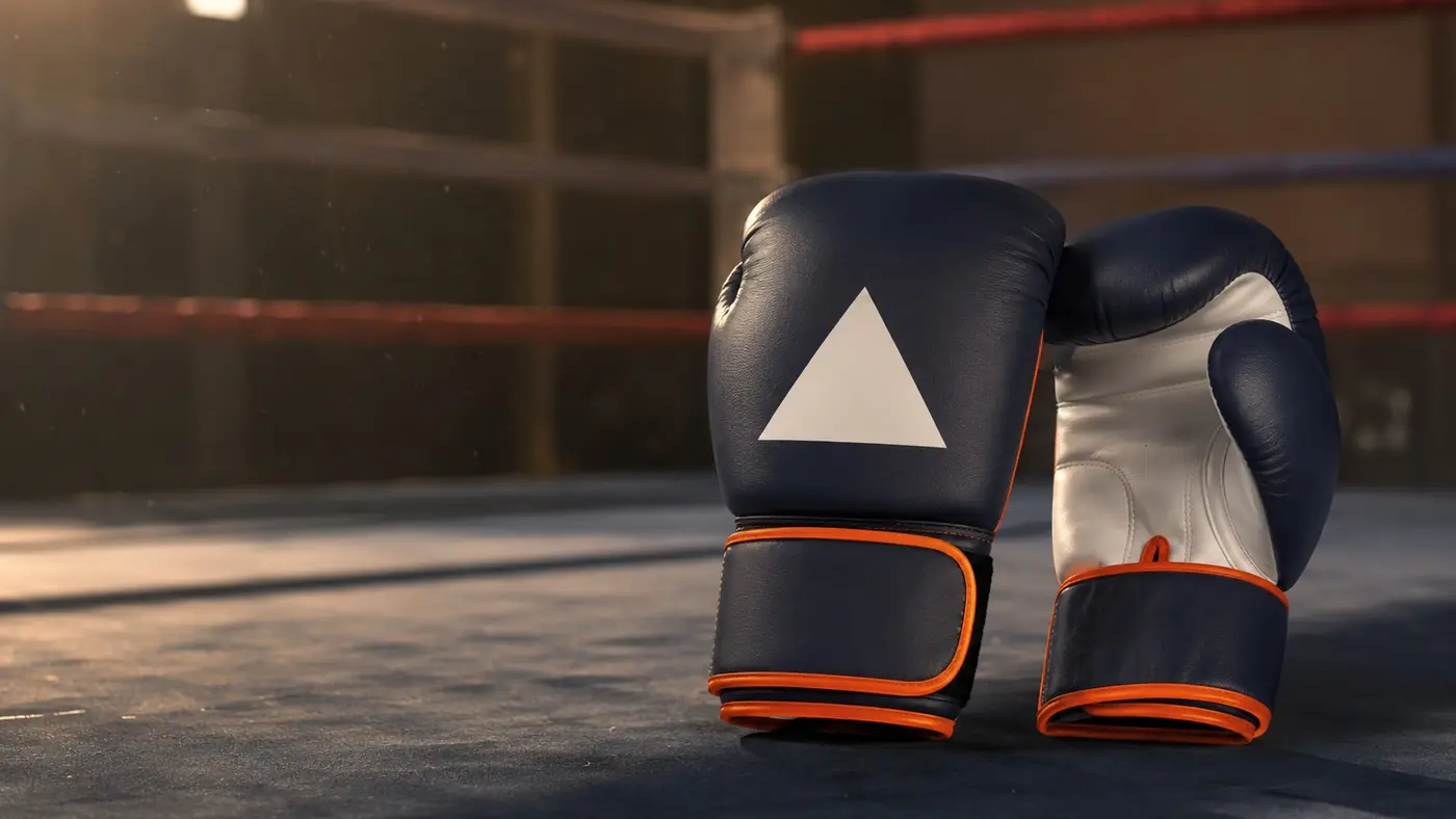 Deux gants de boxe personnalisés posés sur le ring, coloris marine et orange