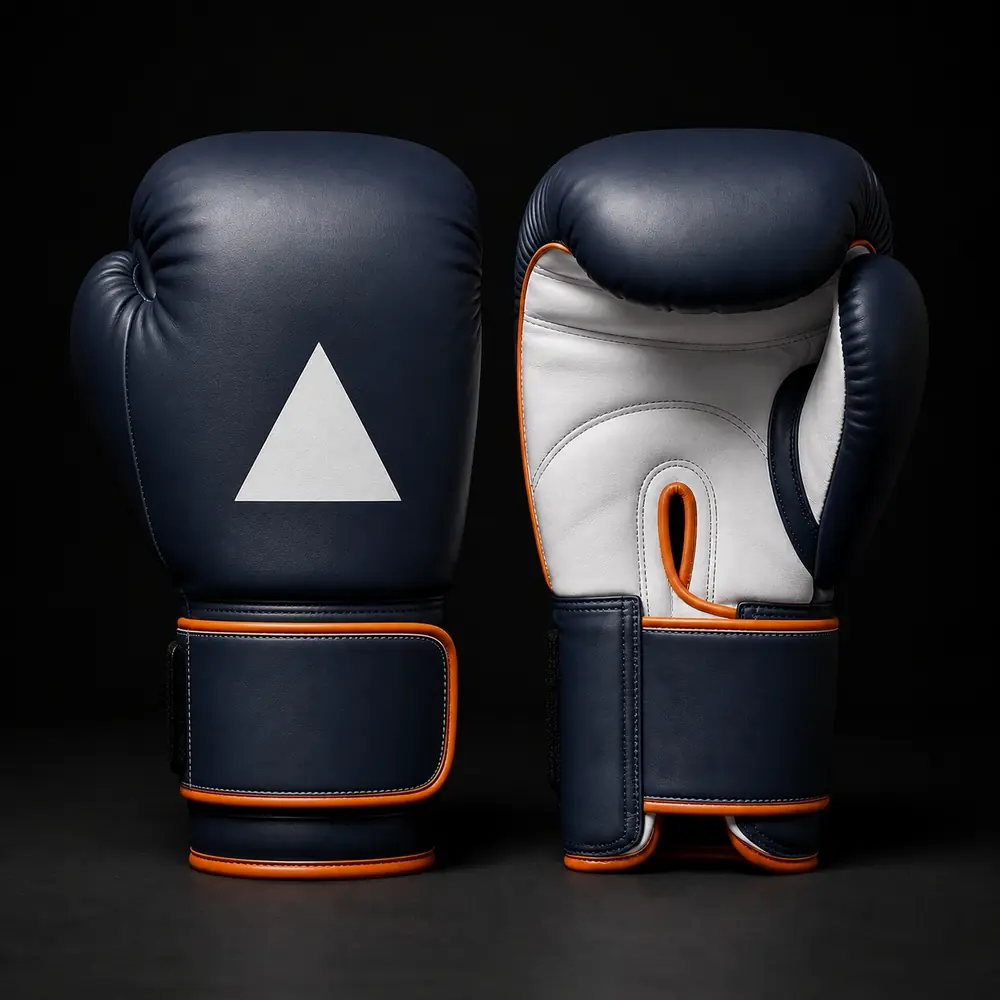 Paire de gants de boxe personnalisés, dos de la main et paume blanche, coloris marine et orange