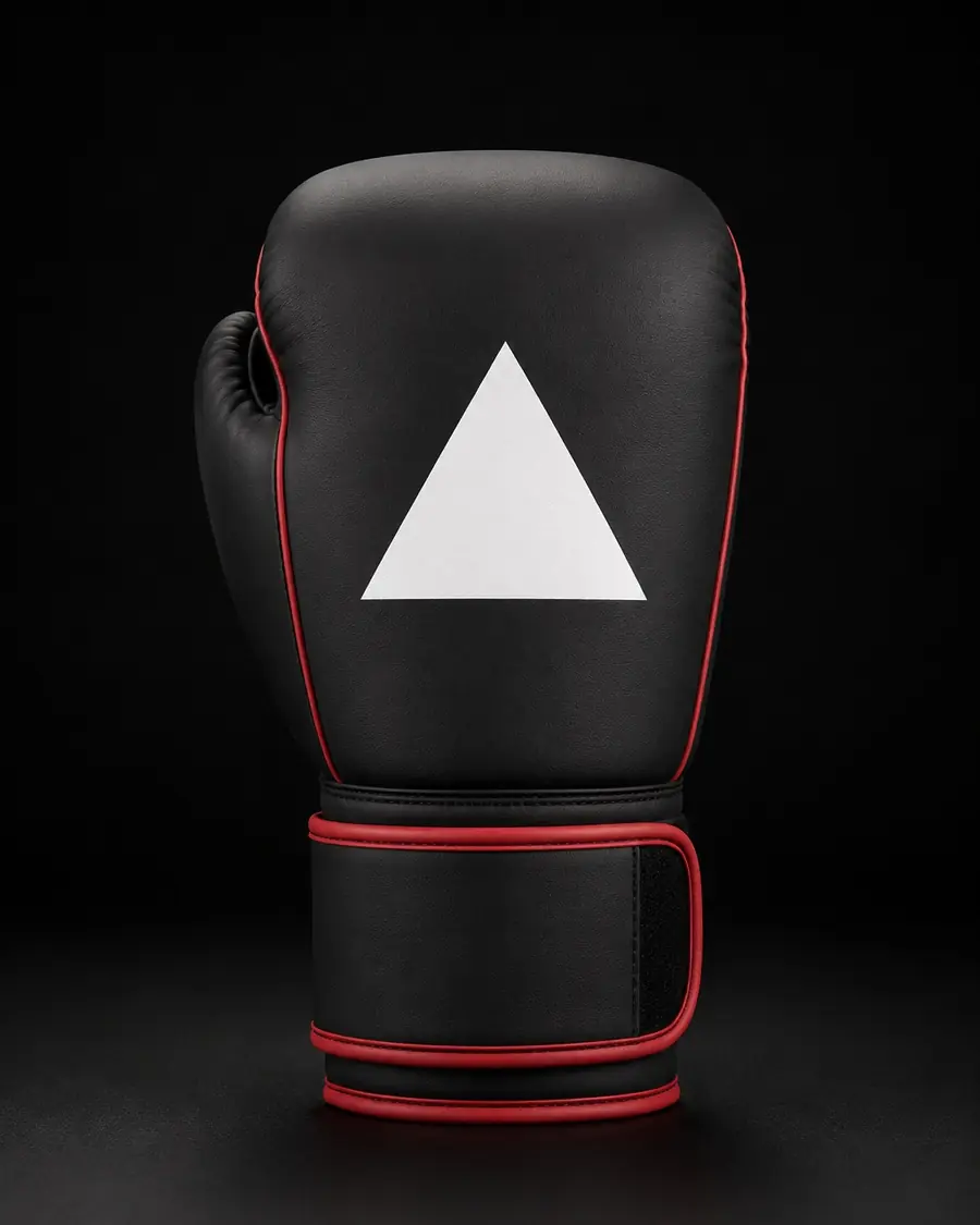 Gant de boxe personnalisé debout, logo visible sur le dos de la main, coloris noir et rouge